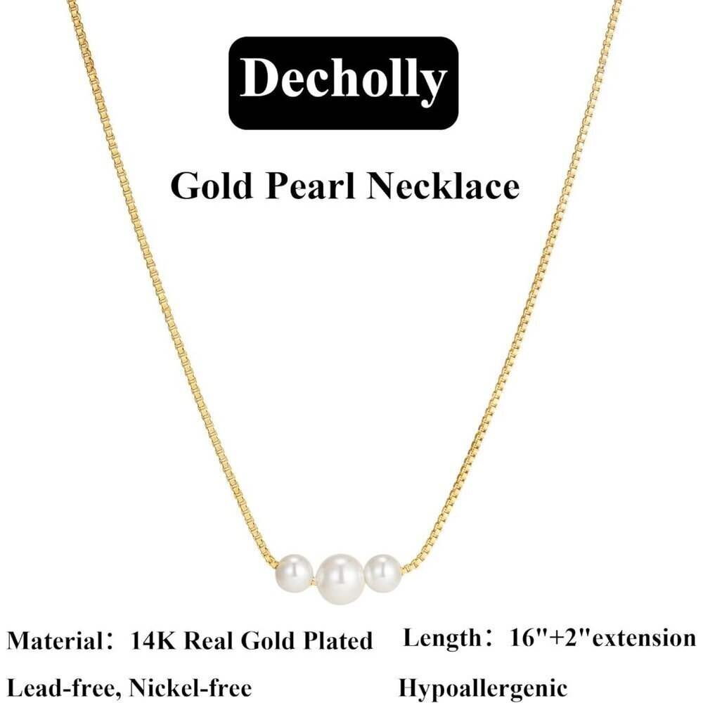 Gold Pearl Necklaces for Women Trendy, 14K Gold Plated Dainty Necklace Simple La - Picture 6 of 7